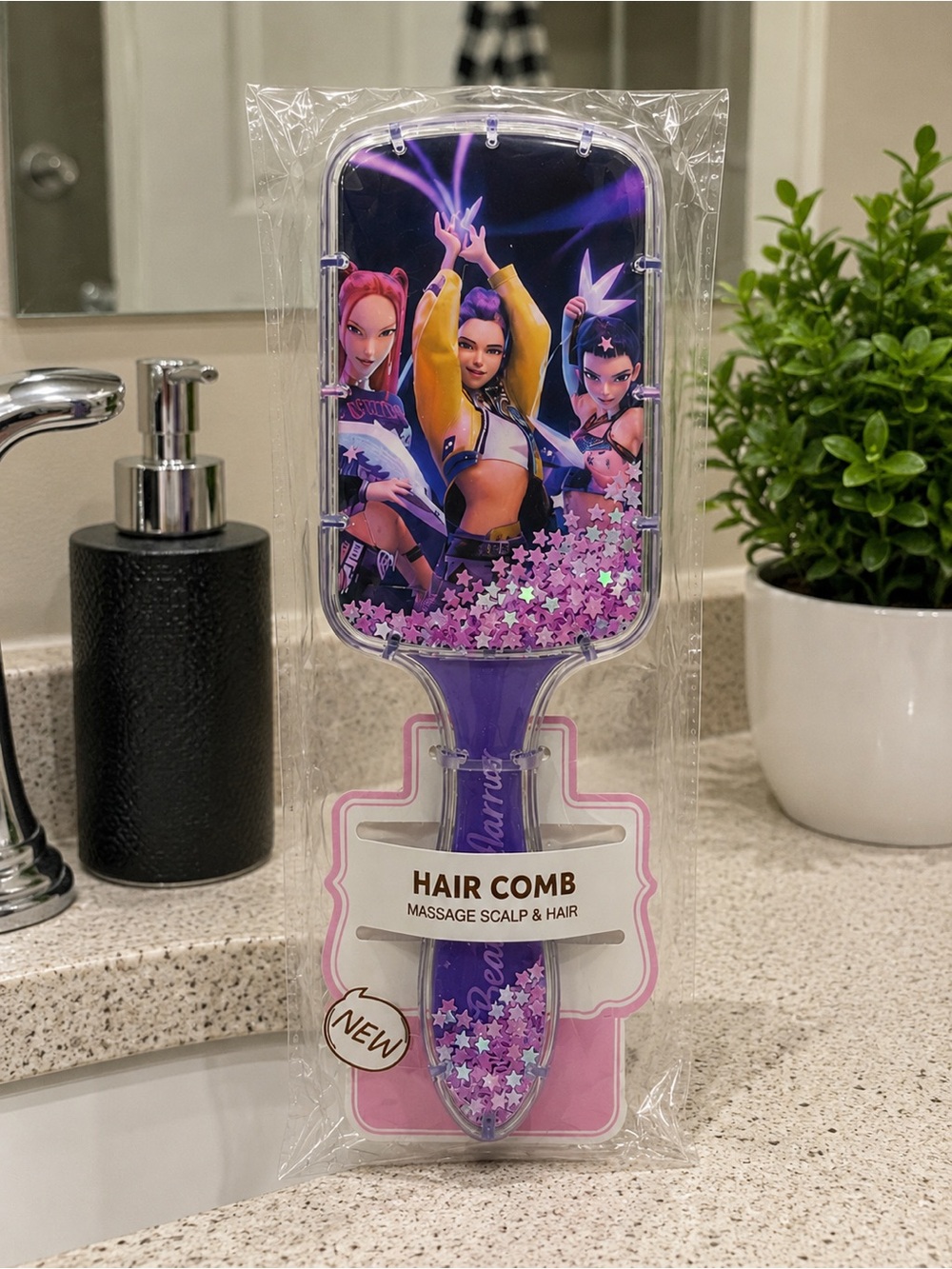 KPOP Demon Hunters Glitter Hair Brush – Purple Sparkle Paddle Brush – New Sealed